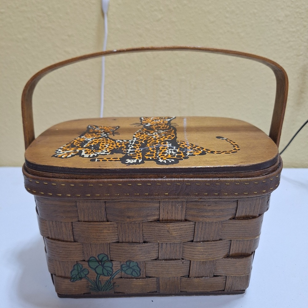 Vintage Caro-Nan Hand Painted Leopard Wooden Basket Purse Signed Joann Hendrick